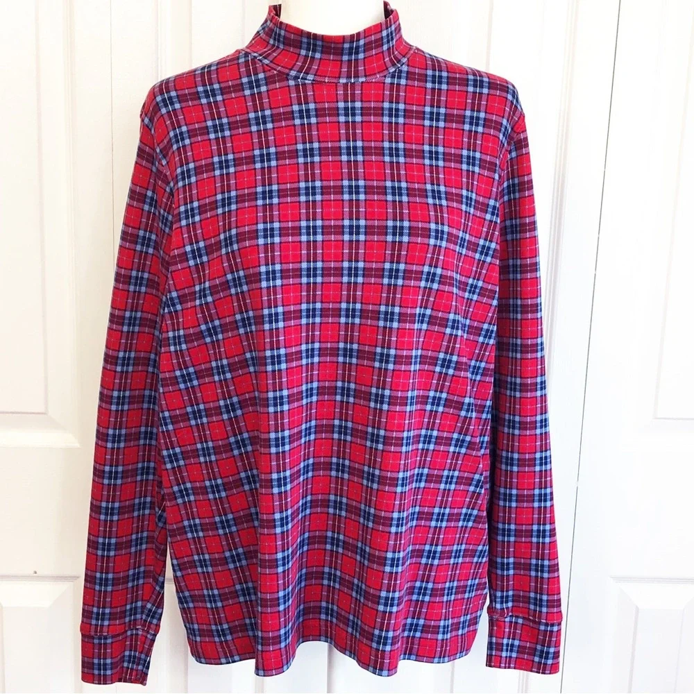 Lands' End Red & Blue Plaid Print Mockneck Long Sleeve Tee XL